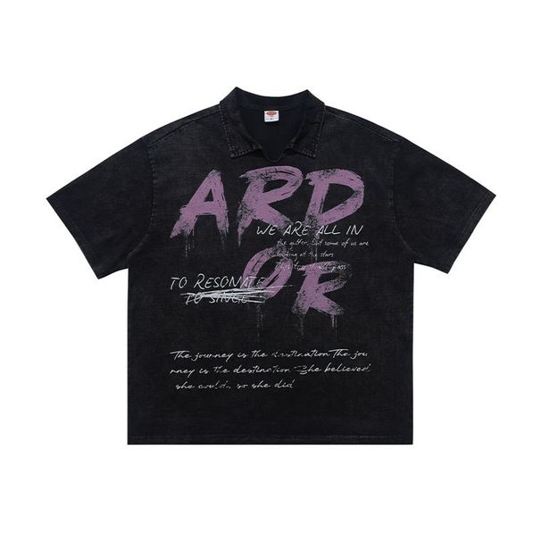 American High Street Style Washed Letter Print Short-sleeve Turn-down Collar T-shirt For Men, Loose Fit, Black_viptrois.com