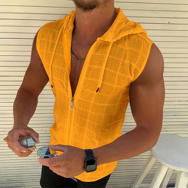 Men's Clothing Sleeveless Hooded Zipper Cardigan T Shirt Men Summer Cool New Fashion Plaid Sleeveless T Shirt Men's Lapel_viptrois.com