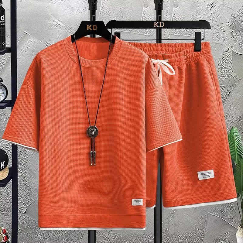 Men's Clothing Short Sleeved T Shirt Casual Sports Suit Waffle Loose Half Sleeved T Shirt Shorts Two Piece Suit_viptrois.com