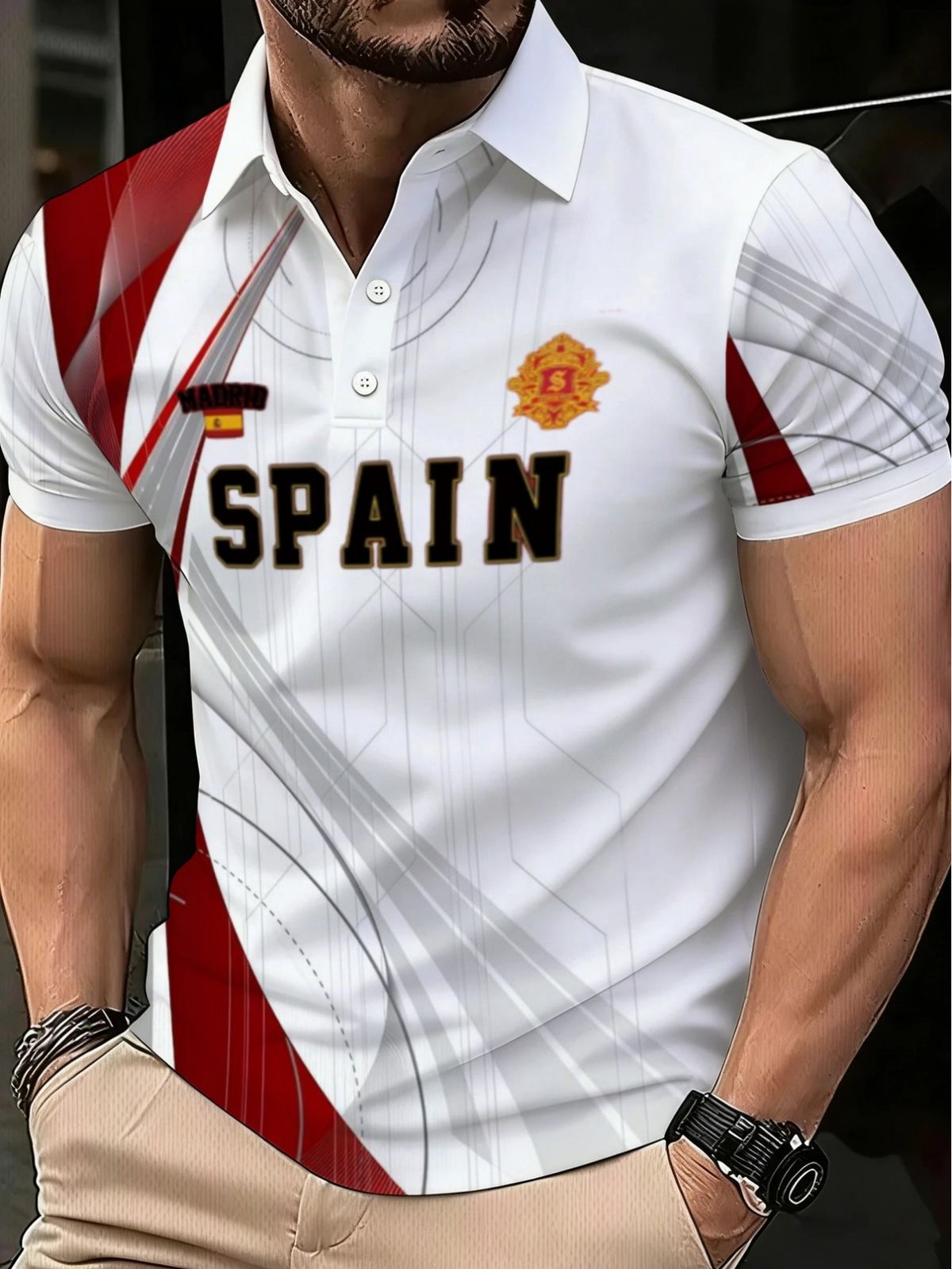 Polo Uomo Taglio Dritto Leggero Traspirante Resistente Fantasia Spagnola Bianco-rosso, Colletto Manica Corta Casual Interno Ed Esterno_viptrois.com