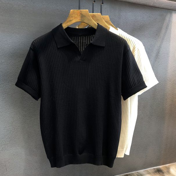 Men's Short Sleeve Polo Shirt V Neck Seagull Collar Hollow out Textured Knitwear Old Money Style Summer T-Shirt_viptrois.com