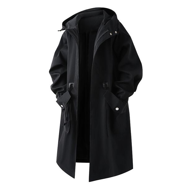 Men’s Longline Windbreaker – Korean-Inspired Trench Coat (Black/Khaki/Army Green, M-3XL, Machine Washable)_viptrois.com