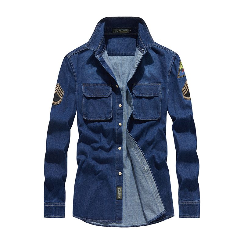 Vintage Military Denim Shirt Jacket For Men – M1942 Workwear Style With Embroidery, Relaxed Fit & Breathable Cotton, Retro Casual Overshirt_viptrois.com