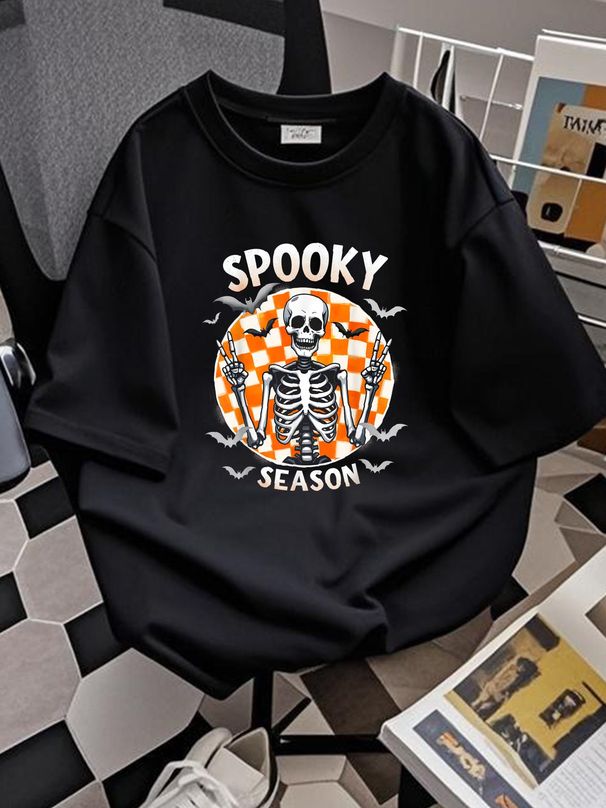 Spooky Season Skeleton Peace Sign Halloween Vintage T-Shirt Graphic Print Round Neck Short Sleeve Women Women Top Graphic Tees Slightly Breathable Casual Soft Versatile Unisex T-Shirt For Women Casual Top For Everyday Wear Streetwear Stylish Stretched_viptrois.com