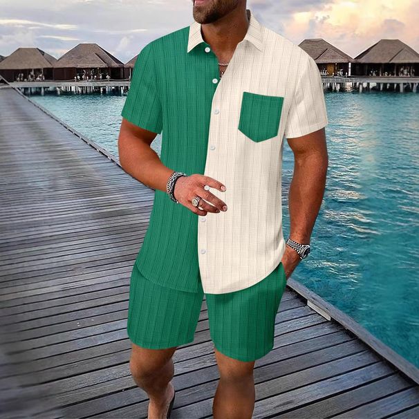 Men's Clothing Jacquard Color Matching Pocket Short Sleeved Shorts Lapel Shirt Casual Suit_viptrois.com