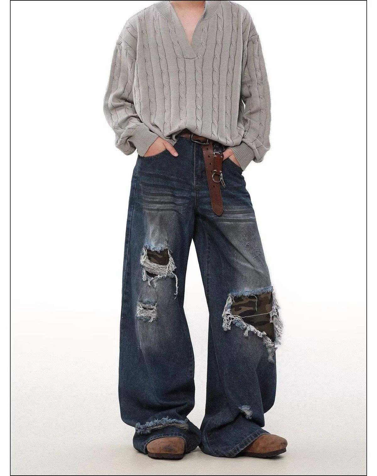Men's Clothing Wasteland Style Dirty Dyed Hole Jeans Men's Summer High Street Vibe Flared Straight Casual Loose Pants_viptrois.com