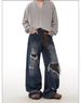 Men's Clothing Wasteland Style Dirty Dyed Hole Jeans Men's Summer High Street Vibe Flared Straight Casual Loose Pants_viptrois.com