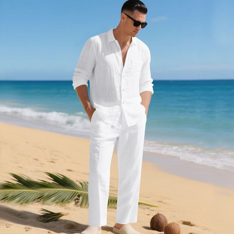 Breathable Linen Blend Shirt And Pants Set For Men Relaxed Fit Casual Linen Outfit Comfortable Long Sleeve Shirt With Turn-Down Collar_viptrois.com