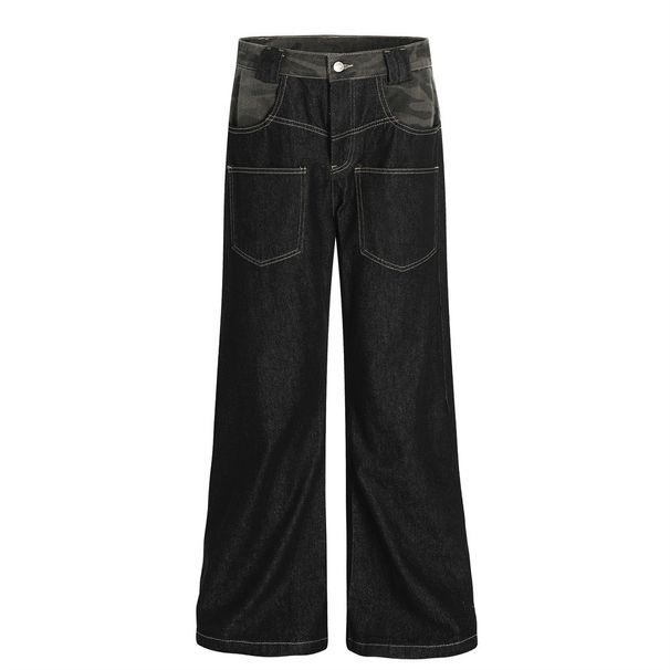 Camouflage Patchwork Original Color Flared Jeans Men's American Street Hip-Hop Reverse-Wear Design Pocket Wide-Leg Pants_viptrois.com