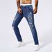 Men's Clothing Patch Rivet Jeans Men's Blue Elastic Small Straight Leg Slim Hole Jeans_viptrois.com