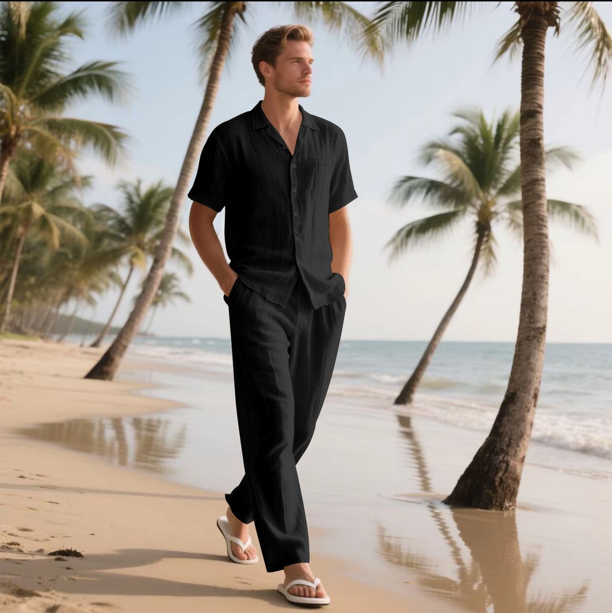 Men's Linen Beach Shirt & Shorts Set Summer Casual Short Sleeve Suit_viptrois.com