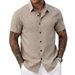 Men’s Short-Sleeve Casual Shirt – Breathable Polyester, V-Neck, Solid & Color-Blocked (Bluish/Greens/Khaki/Greyish/Dark Blue/Brown, S-XXL)_viptrois.com