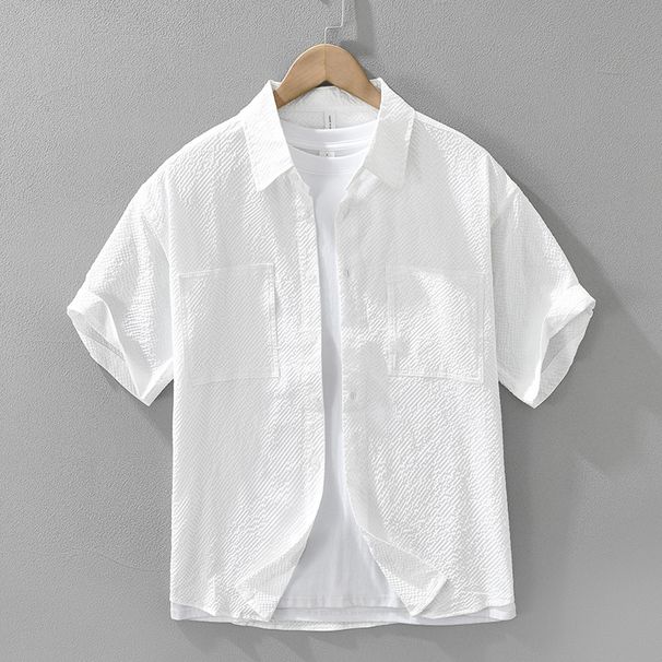 Solid Color Fresh Short Sleeved Shirt For Men, Fashionable And Versatile, Artistic And Casual Loose Top_viptrois.com