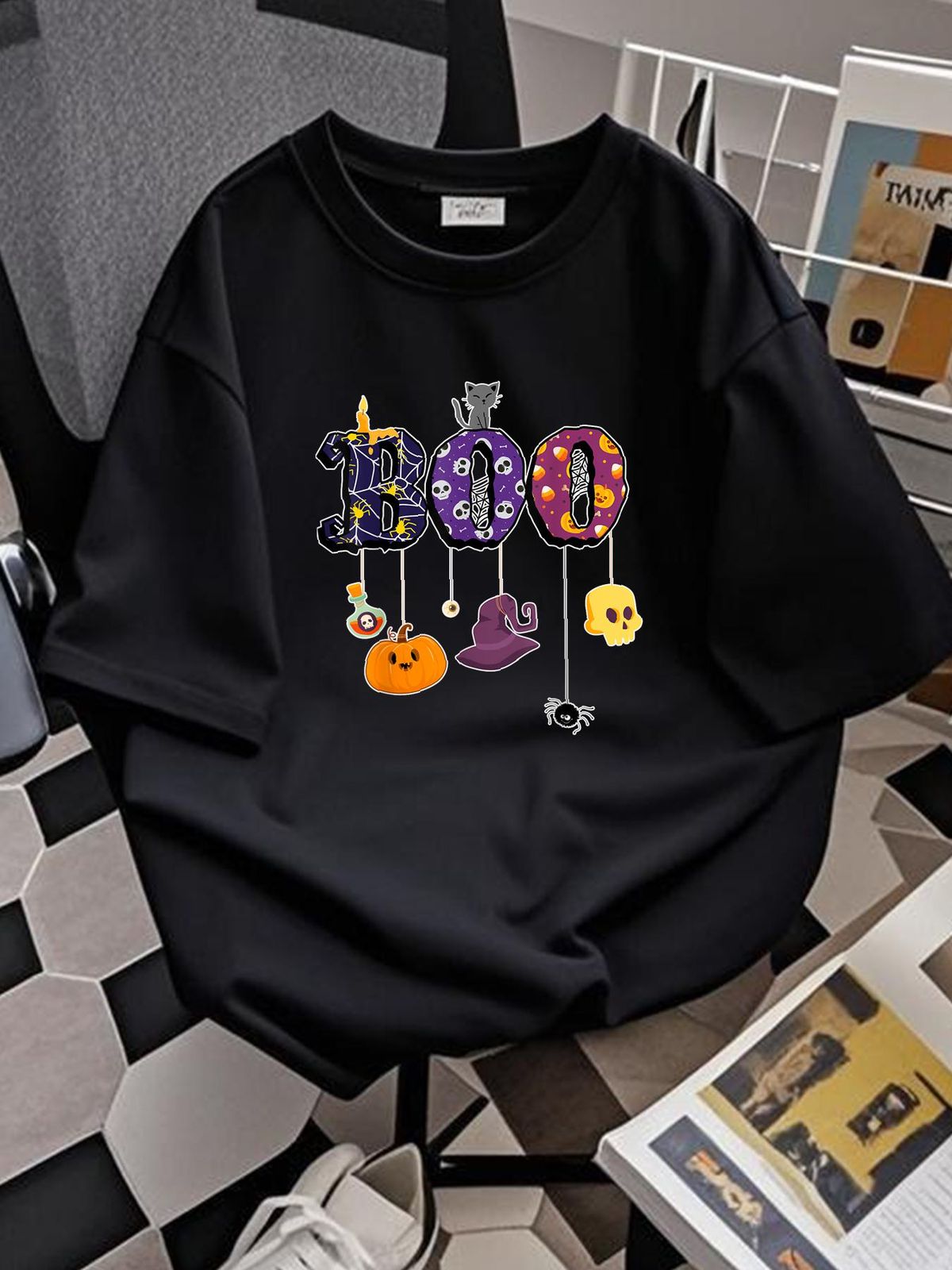 Boo Halloween Costume Spiders, Ghosts, Pumkin & Witch Hat T-Shirt Designer Clothes Summer Casual Versatile Female Unisex Slightly Breathable Stylish Women Print Round Neck Short Sleeve Stretched Comfortable Graphic Streetwear_viptrois.com