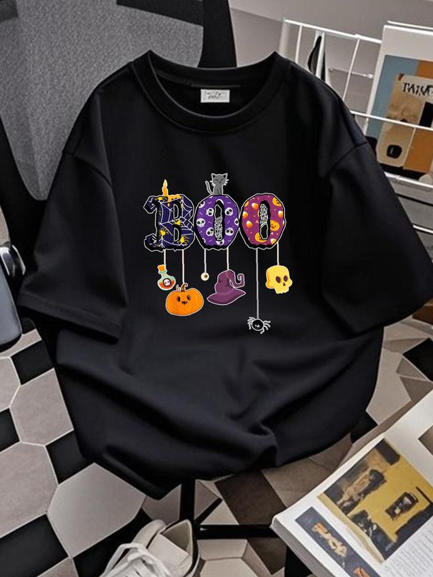 Boo Halloween Costume Spiders, Ghosts, Pumkin & Witch Hat T-Shirt Designer Clothes Summer Casual Versatile Female Unisex Slightly Breathable Stylish Women Print Round Neck Short Sleeve Stretched Comfortable Graphic Streetwear_viptrois.com