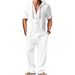 Men's Linen Hooded Short Sleeved Shirt And Trousers Casual Sportswear Set Black Khaki White Gray_viptrois.com