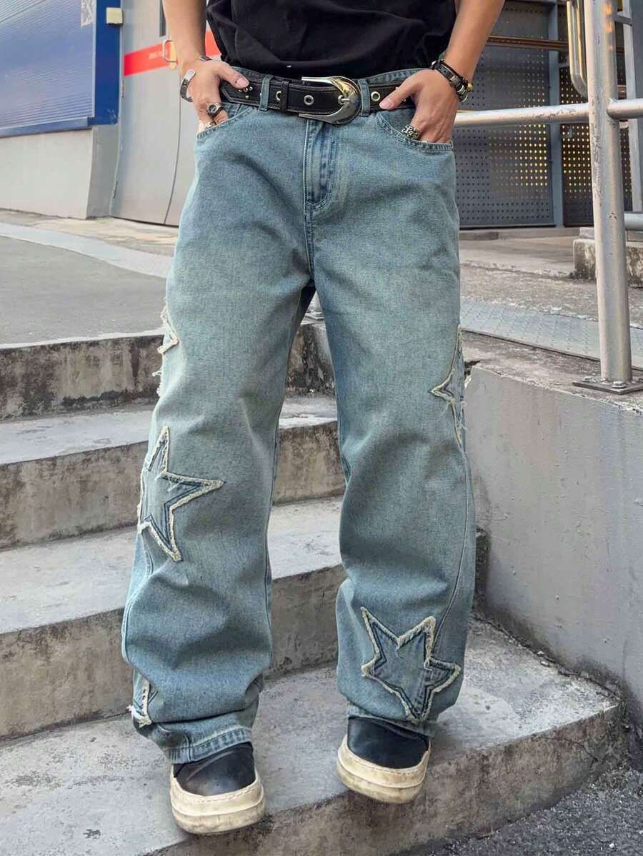 Unisex Style Embroidered Star Jeans Loose Fit Wide Leg Long Trousers Spring Autumn Unique Design Version_viptrois.com