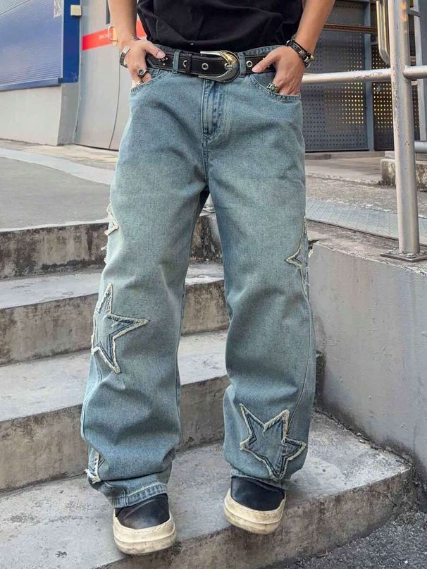 Unisex Style Embroidered Star Jeans Loose Fit Wide Leg Long Trousers Spring Autumn Unique Design Version_viptrois.com