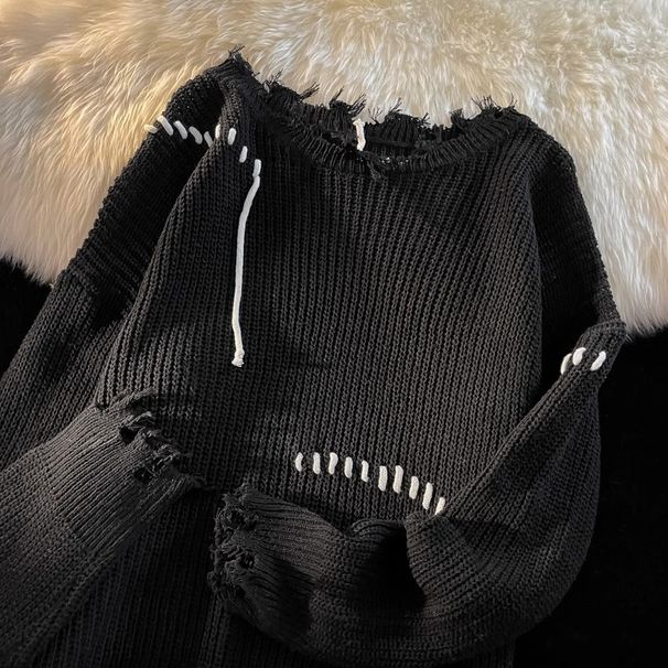 Unisex Distressed Knit Sweater With Raw Edge Detailing - Oversized Crewneck Pullover For Men & Women (Available In Black, Charcoal, Cream)_viptrois.com