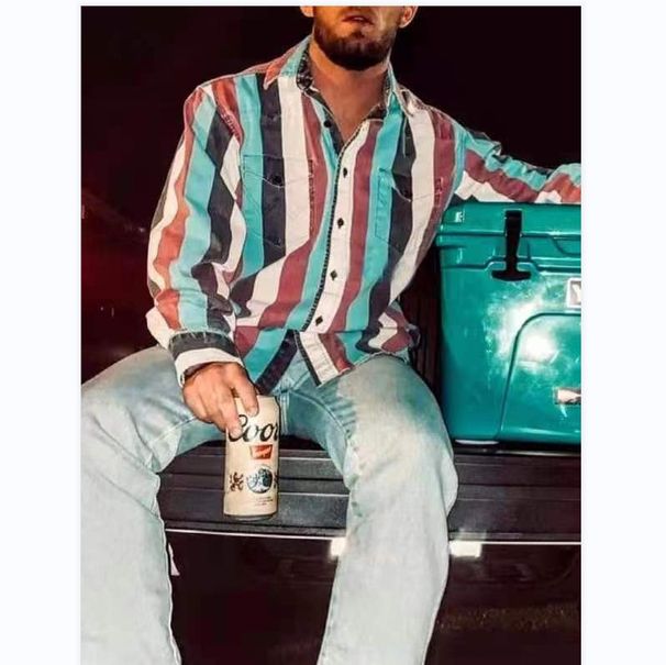 Pulse Western Style Colorful Striped European And American Casual Sleeve Men's Long Export Shirt_viptrois.com