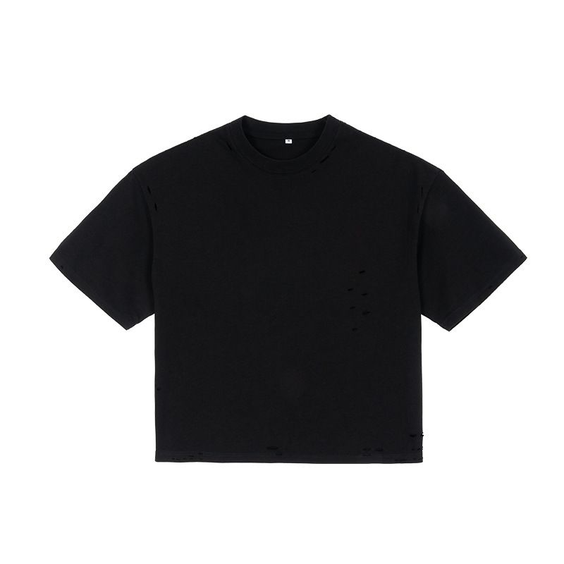 Men's Clothing American Street Trend Retro Ripped Solid Color Men's T Shirt High Quality Heavy 100% Cotton Short Wide Short Sleeve_viptrois.com