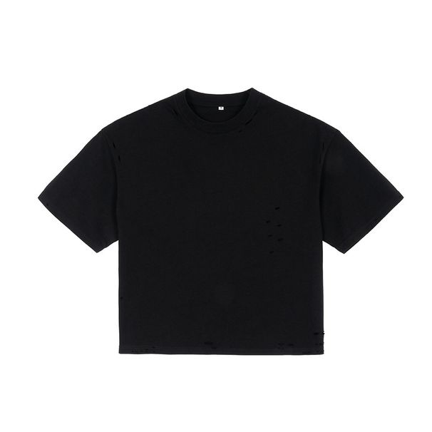 Men's Clothing American Street Trend Retro Ripped Solid Color Men's T Shirt High Quality Heavy 100% Cotton Short Wide Short Sleeve_viptrois.com
