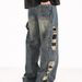 Men's Clothing Autumn Hard Work High Waist Washed Side Big Hole Wide Leg Handsome And Slim Distressed Jeans_viptrois.com