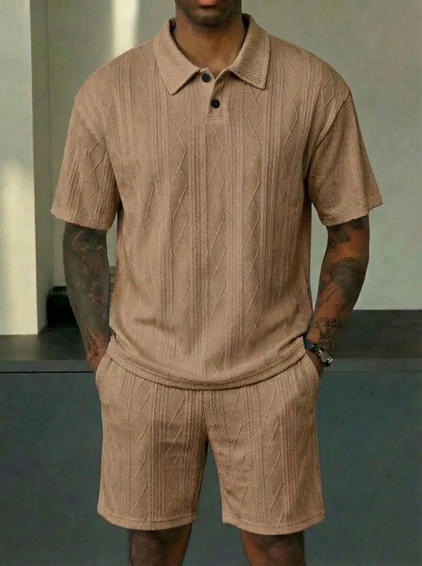 Men's Casual Polo Shirt & Shorts Set - Breathable Summer 2-Piece Outfit In Solid & Jacquard Colors (White, Black, Olive, Sky Blue, Gray, Khaki)_viptrois.com