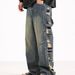 Men's Clothing Autumn Hard Work High Waist Washed Side Big Hole Wide Leg Handsome And Slim Distressed Jeans_viptrois.com