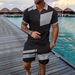 Men's Clothing Summer Digital Printing Leisure Sports Lapel Short Sleeve Zipper Shorts Set_viptrois.com