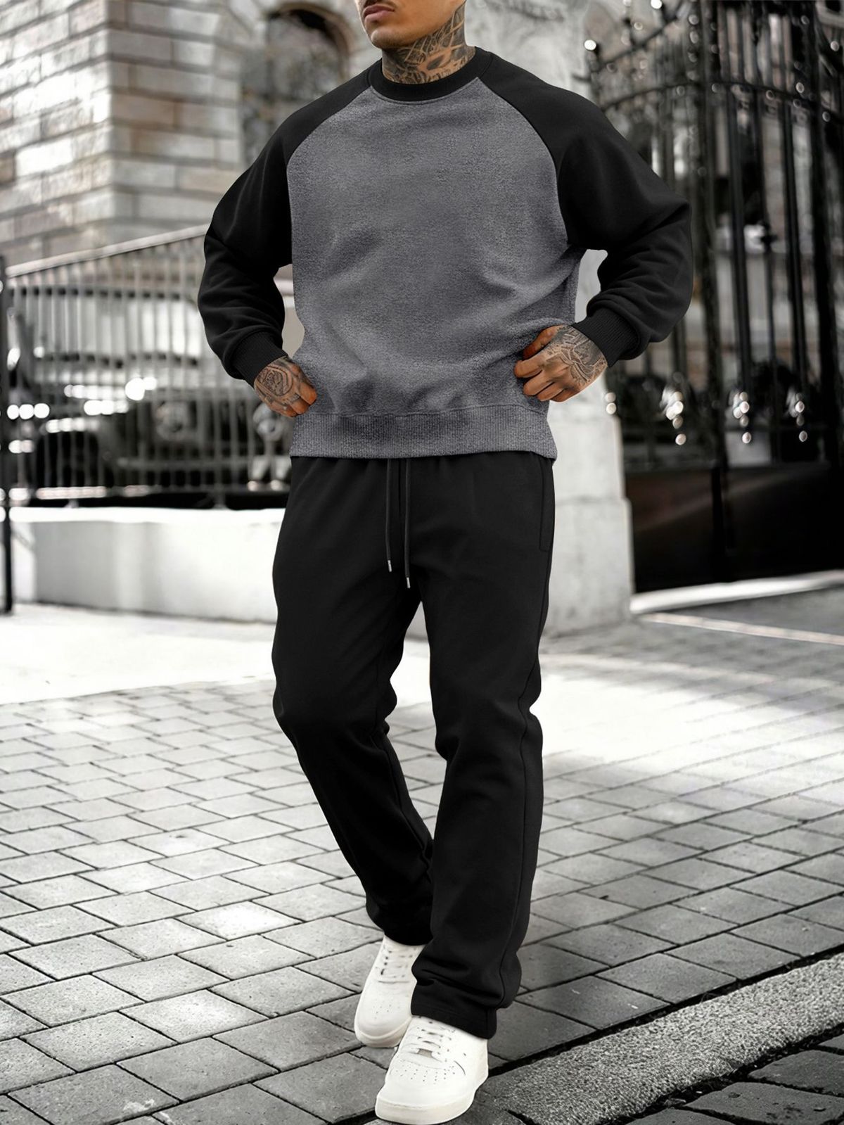 Men's Plus Size Fleece Hoodie & Jogger Set - Loose Fit Casual Sportswear For Running & Gym - Polyester Blend (Black/Dark Grey/Light Grey)_viptrois.com