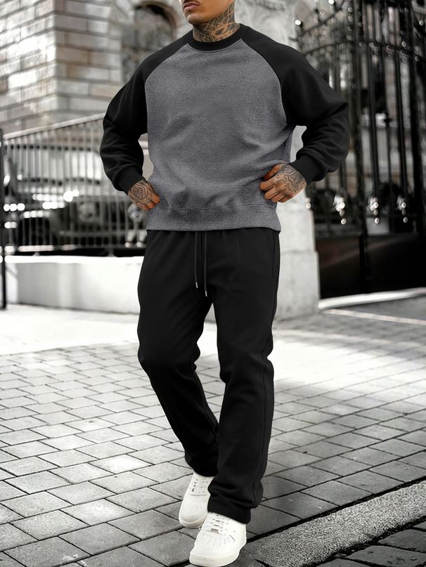 Men's Plus Size Fleece Hoodie & Jogger Set - Loose Fit Casual Sportswear For Running & Gym - Polyester Blend (Black/Dark Grey/Light Grey)_viptrois.com