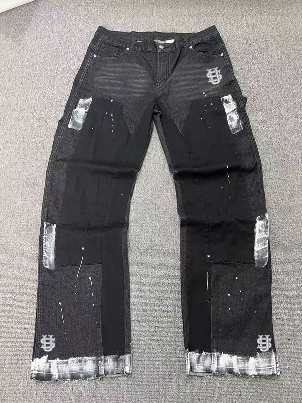 Men's Clothing European And American Style Men's Y2K Patchwork Painted Letter Hot Transfer Straight Leg Jeans_viptrois.com