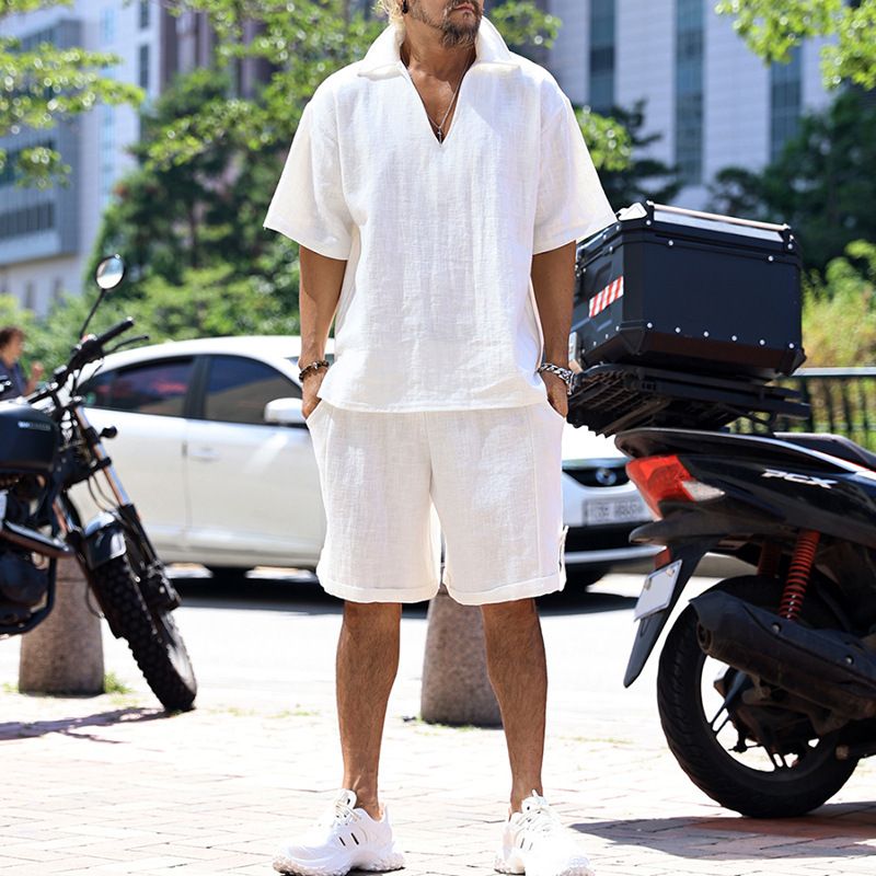 Men's Clothing Spring And Summer Polo Shirt V Neck Solid Color Casual Two Piece Suit_viptrois.com