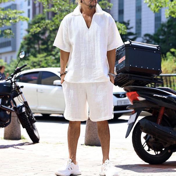 Men's Clothing Spring And Summer Polo Shirt V Neck Solid Color Casual Two Piece Suit_viptrois.com