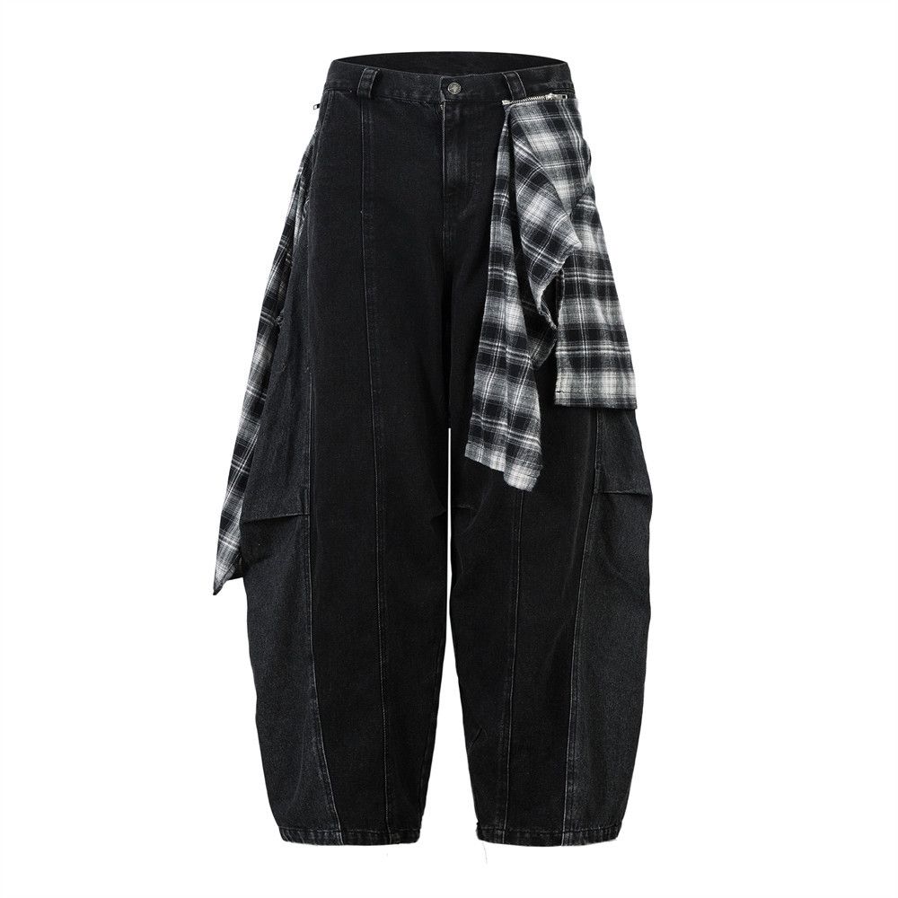 Two-Piece Loose Scimitar Pants Niche Trendy Brand Men's Fashion Design Plaid Detachable Zipper Curved Wide-Leg_viptrois.com