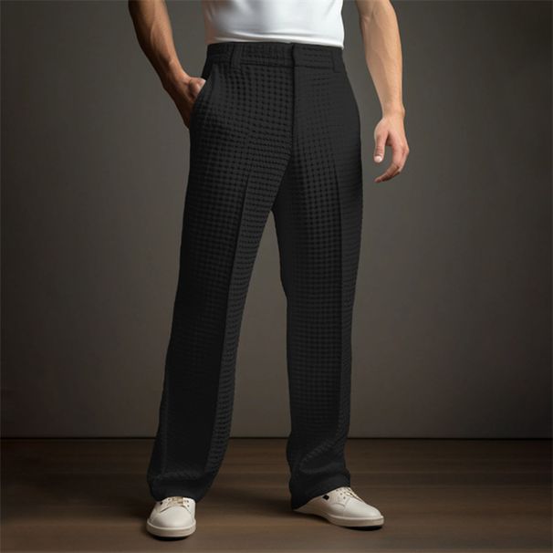 Men's Clothing Men's Formal Business Solid Color Waffle Front Pocket Straight Casual Vacation Fashion Trousers_viptrois.com