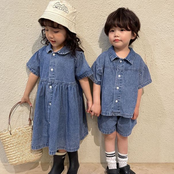 Children's Summer Denim Suits Boys 2025 New Baby Short Sleeved Summer Clothes Girls Dresses Siblings Clothes_viptrois.com
