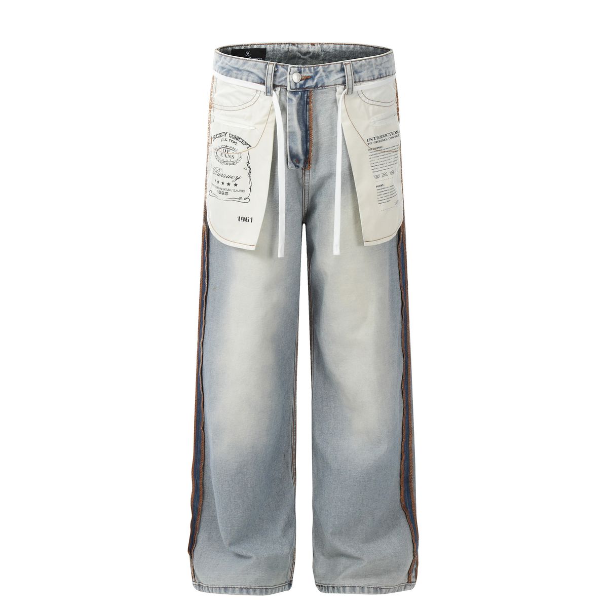 Men's Clothing Neutral High End Washed Blue Pocket Design Men's Loose Jeans_viptrois.com