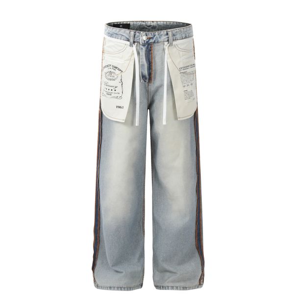 Men's Clothing Neutral High End Washed Blue Pocket Design Men's Loose Jeans_viptrois.com