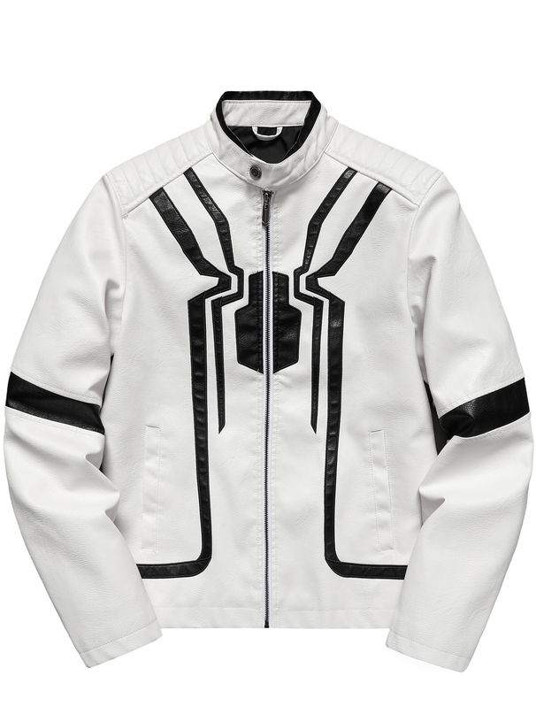 Men's Clothing Leather Jacket European And American Embroidered Contrast Jacket Black And White Color Matching Jacket Youth Casual Workwear Jacket_viptrois.com