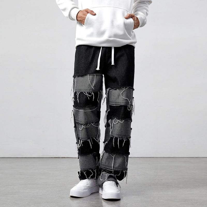 Men's Clothing Tassel Stitching Jeans Straight Through Wide Leg Pants Large Size Men's Jeans_viptrois.com