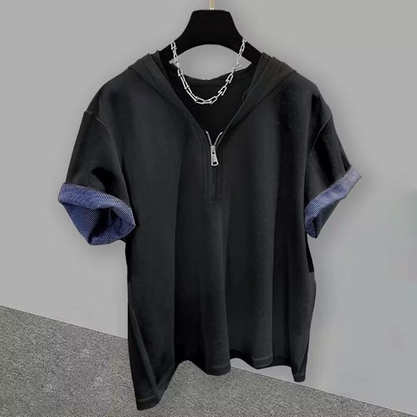 Internet Celebrity Summer American Style Zipper Short Unisex Loose Half Sleeve Casual Hoodie Social Youth Sports T-Shirt_viptrois.com