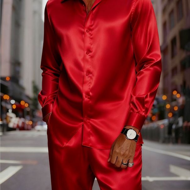 Men's Casual Lapel Shirt Set Long Sleeved Button Down Top Solid Color Cotton Polyester Blend Loose Fit For Spring Summer Autumn_viptrois.com