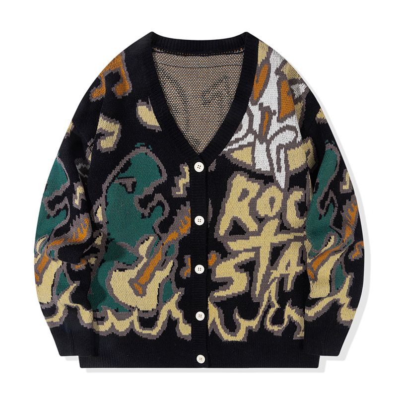 Cartoon Dinosaur Print Sweater – 3D Embossed V-Neck Knit Cardigan For Women & Couples (S-XL, Black/Green/Beige, Rayon-Polyester Blend, Spring Tops)_viptrois.com