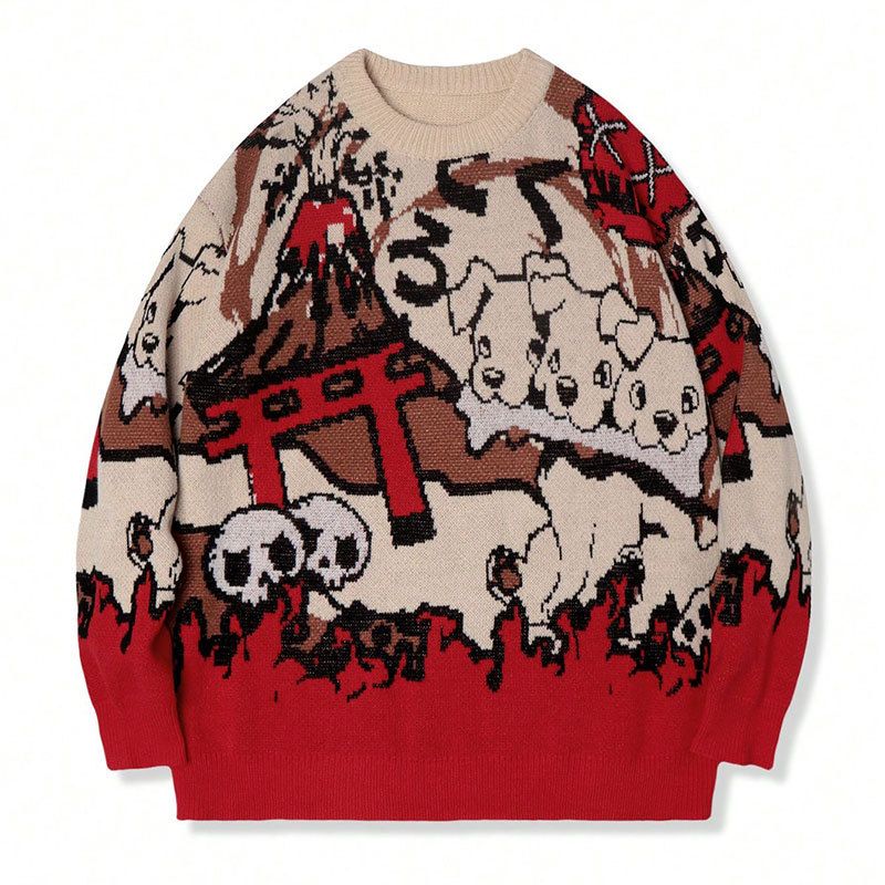 Men's Cartoon Jacquard Sweater - Oversized Casual Knit Pullover With Trendy Pattern, Comfortable Long Sleeve Crewneck For Streetwear_viptrois.com