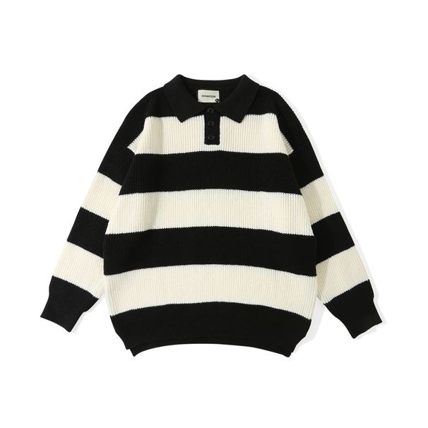 Oversized Stripe Knit Polo Shirt For Men - Relaxed Fit Long Sleeve Top (S-2XL Sizing)_viptrois.com