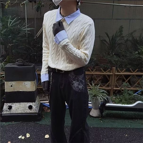 Pure Two-Piece Collar For Men Winter Korean Style Trendy Cable Knit Sweater High-End Inner Layer Knitted Base Shirt_viptrois.com