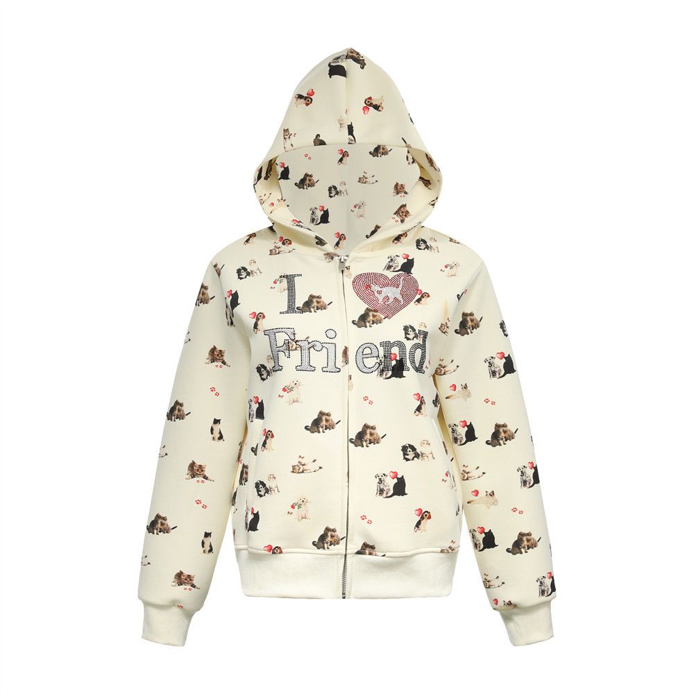 Full Print Animal Kitten Hoodie Zipper Cardigan Unique Design Loose Fit Men's Spring Autumn Jacket_viptrois.com