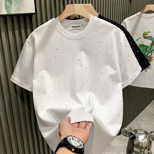 European Fashion Trendy Brand Light Luxury Men's Short Internet Celebrity Niche Hot Diamond High-end Round Neck Half_viptrois.com
